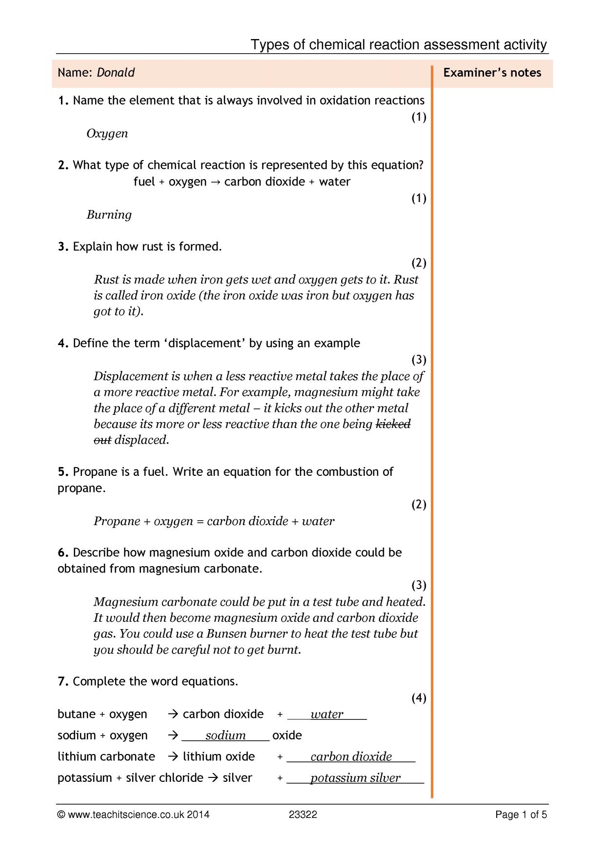 Types of chemical reaction assessment activity With Types Of Chemical Reactions Worksheet