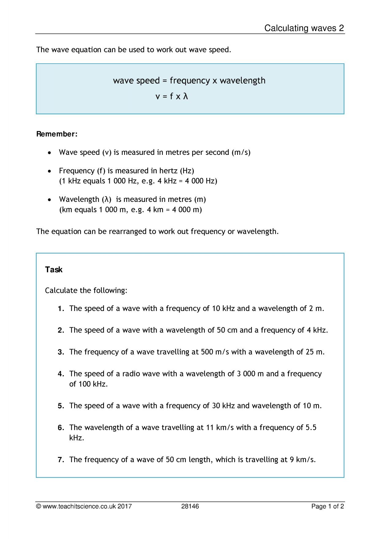 Calculating Wave Speed Frequency And Wavelength Worksheet With Answers