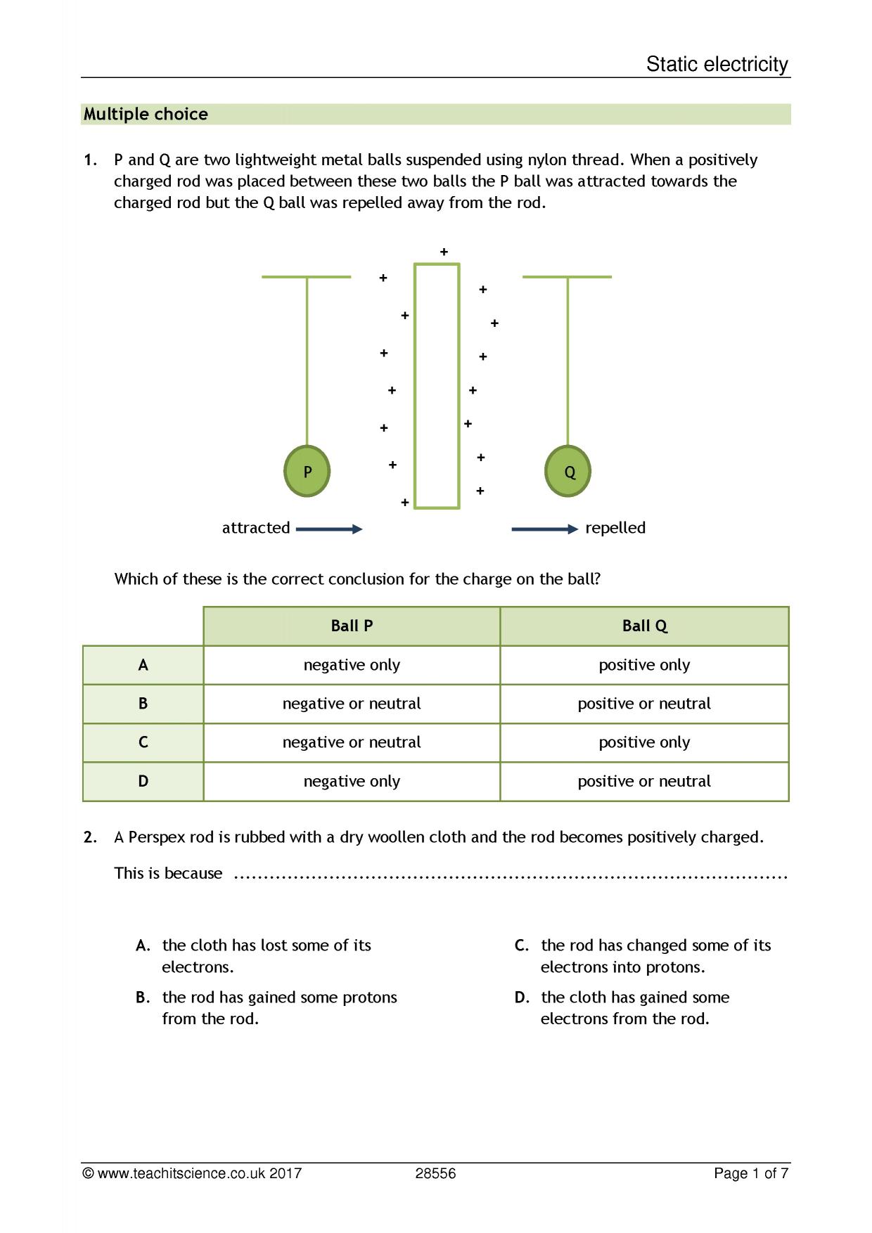 Static electricity In Static Electricity Worksheet Answers