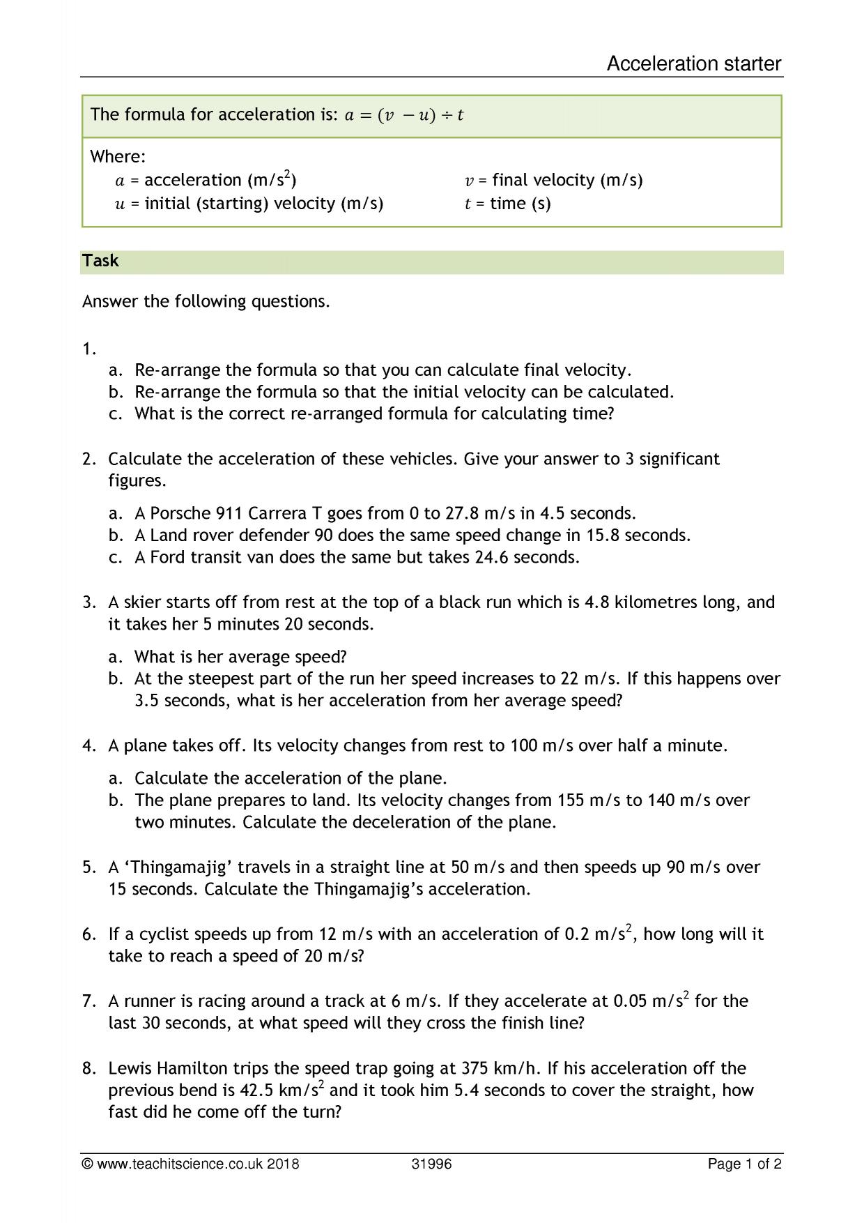 GCSE Acceleration questions For Speed Velocity And Acceleration Worksheet