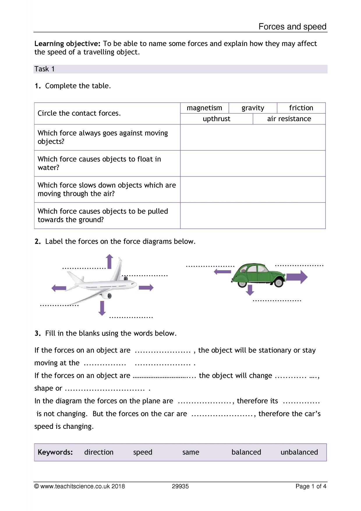 KS11  Forces and motion  Teachit Science Within Forces And Motion Worksheet