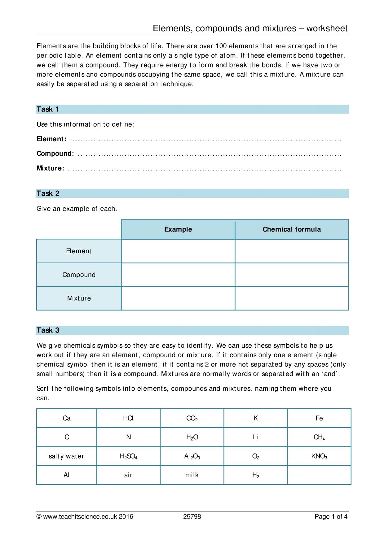 Elements, compounds and mixtures With Regard To Elements Compounds Mixtures Worksheet Answers